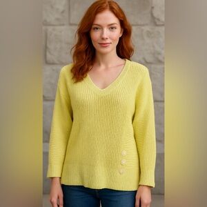 Neon Buddha Linen Blend Lemon Chartreuse Boho V-Neck Textured Sweater‎ Small